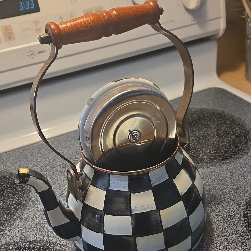 MacKenzie-Childs Black and White Checkered Teapot with Red Handle One Quart Trad